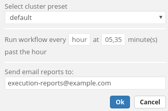 Form for selecting scheduling options: "Select cluster preset: default Run workflow every hour at 05,35 minute(s) past the hour Send email reports to: execution-reports@example.com"