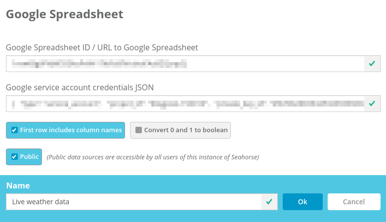 Seahorse's Google Spreadsheet data source options.