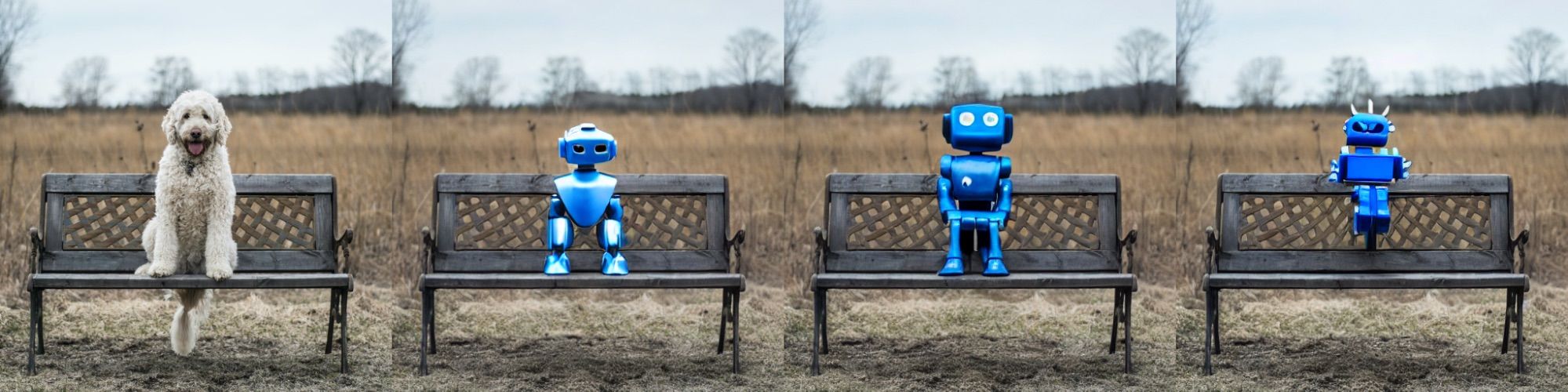 Fig. 1 Images generated using a Stable Diffusion Inpainting model with the prompt “a blue robot on a bench”